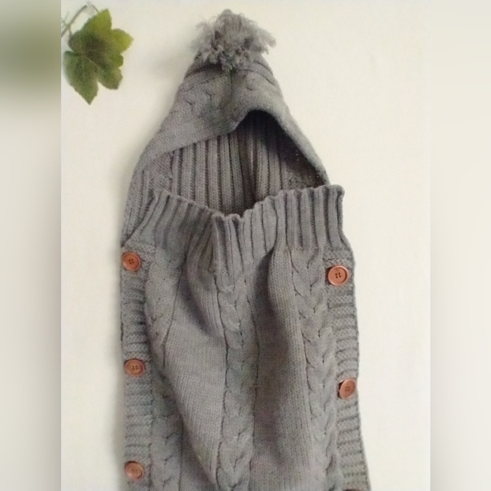 Newborn Baby Swaddle Blanket Knit Classic Preppy Cozy With Hood Gray - Picture 6 of 10